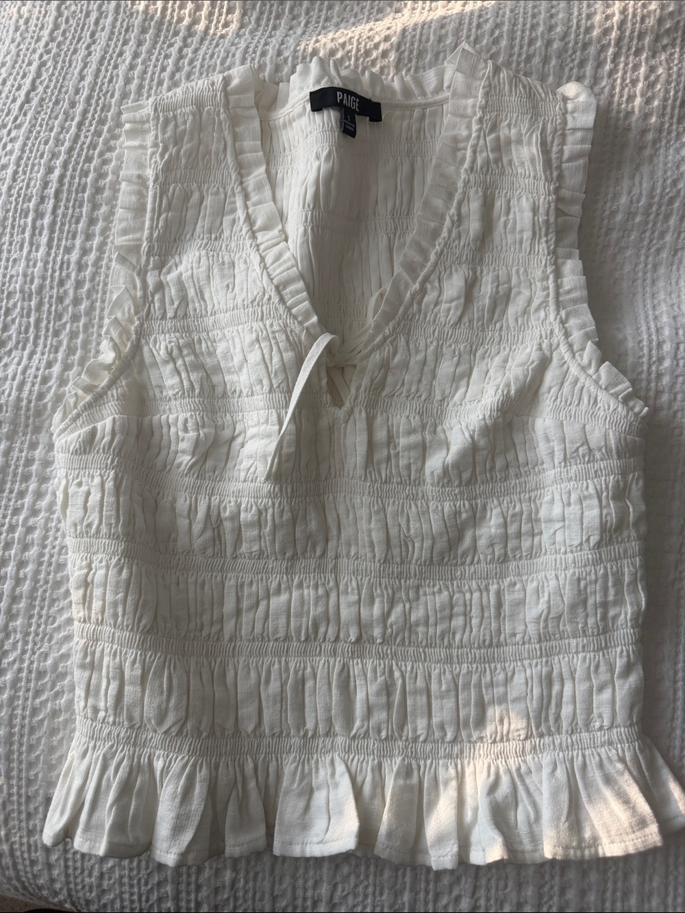 PAIGE White Smocked Sleeveless Tie-Front Ruffle Hem Top